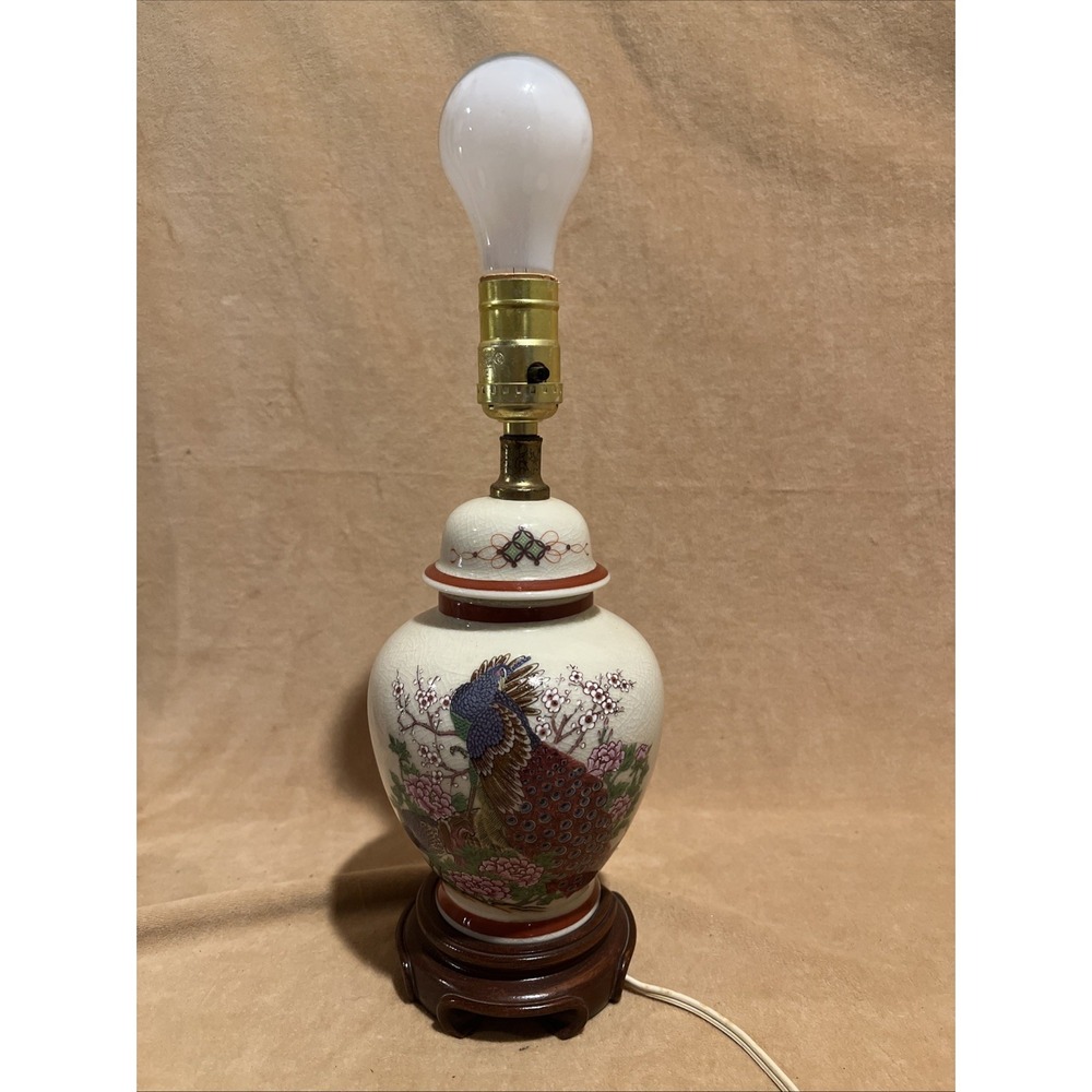 Vintage Chinese Hand painted Ceramic Lamp Peacock Wooden Base Oriental Lamp Work
